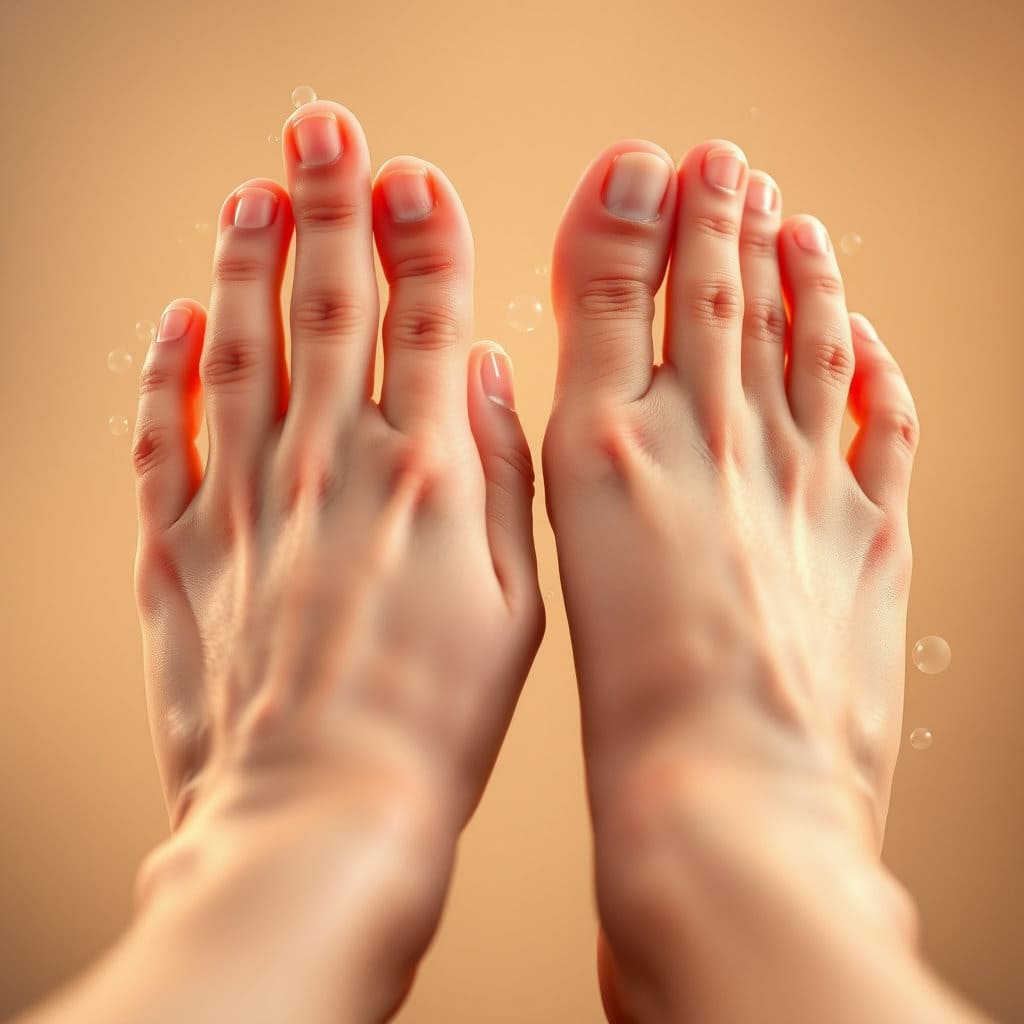 고혈당이 신경에 손상을 주어 발생하는 말초신경병증의 초기 증상입니다. 손발이 따끔거리거나 감각이 둔해지는 느낌을 표현하여 증상의 특징을 시각화합니다. 