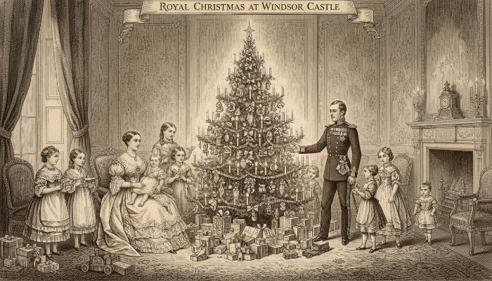 19세기 빅토리아 여왕과 앨버트 공 가족이 윈저 성 안에서 화려하게 장식된 크리스마스 트리 주위에 모여있는 모습을 묘사한 삽화. 따뜻하고 행복한 왕실의 크리스마스 풍경.