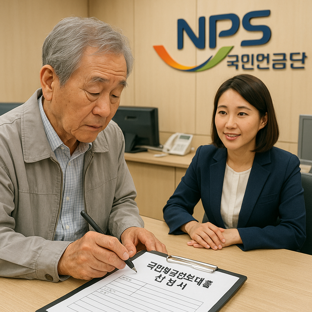 국민연금담보대출을 신청하는 어르신과 국민연금공단 창구