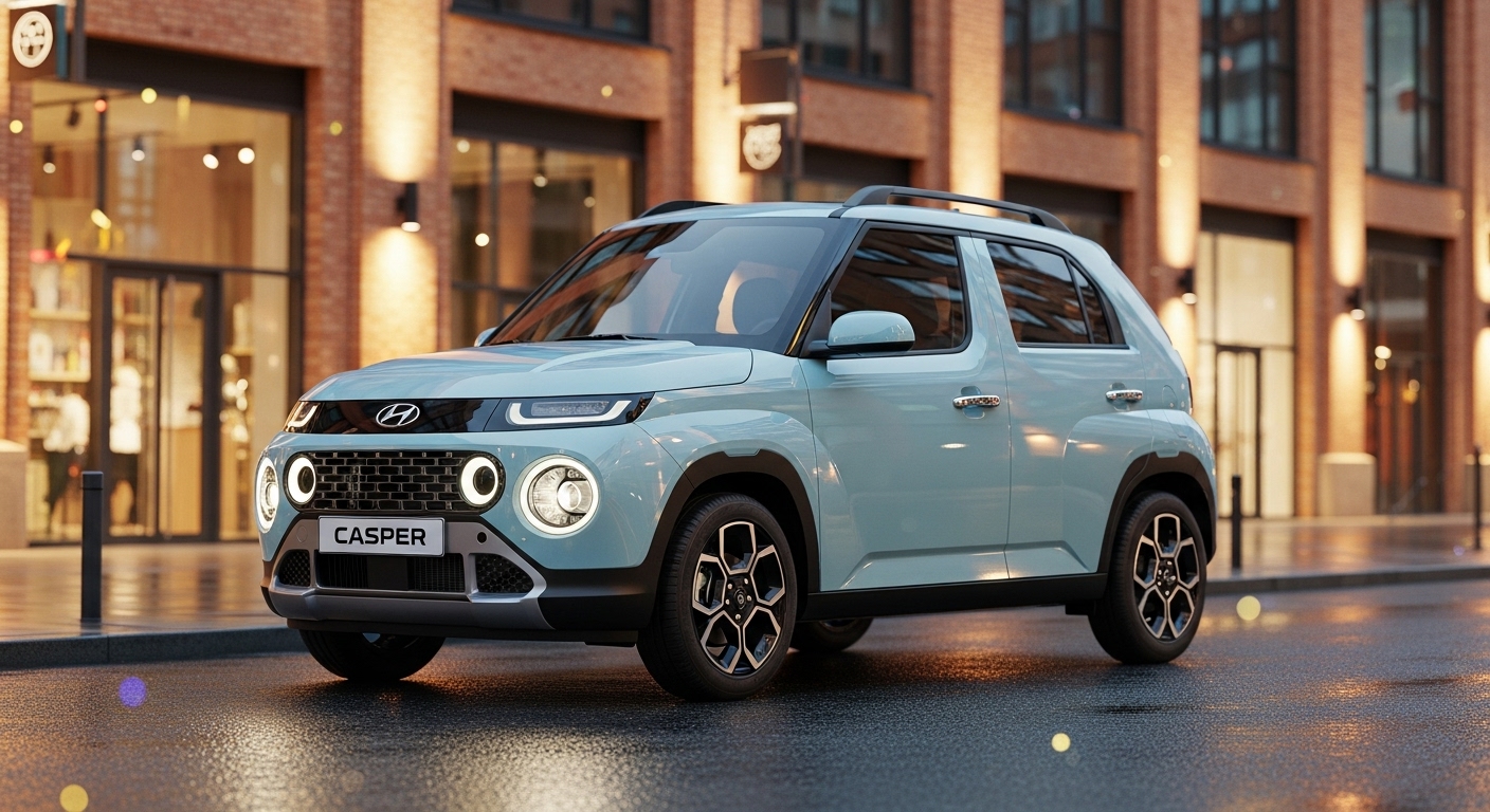 도심에 주차된 현대 캐스퍼의 모습, 경차의 실용성과 귀여운 디자인이 돋보입니다.