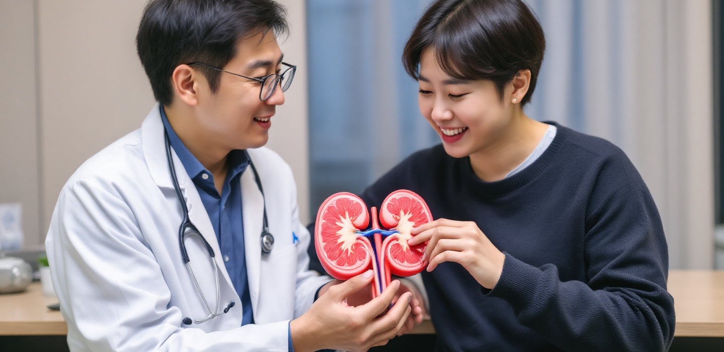 신장 모형을 들고 설명을 하는 의사