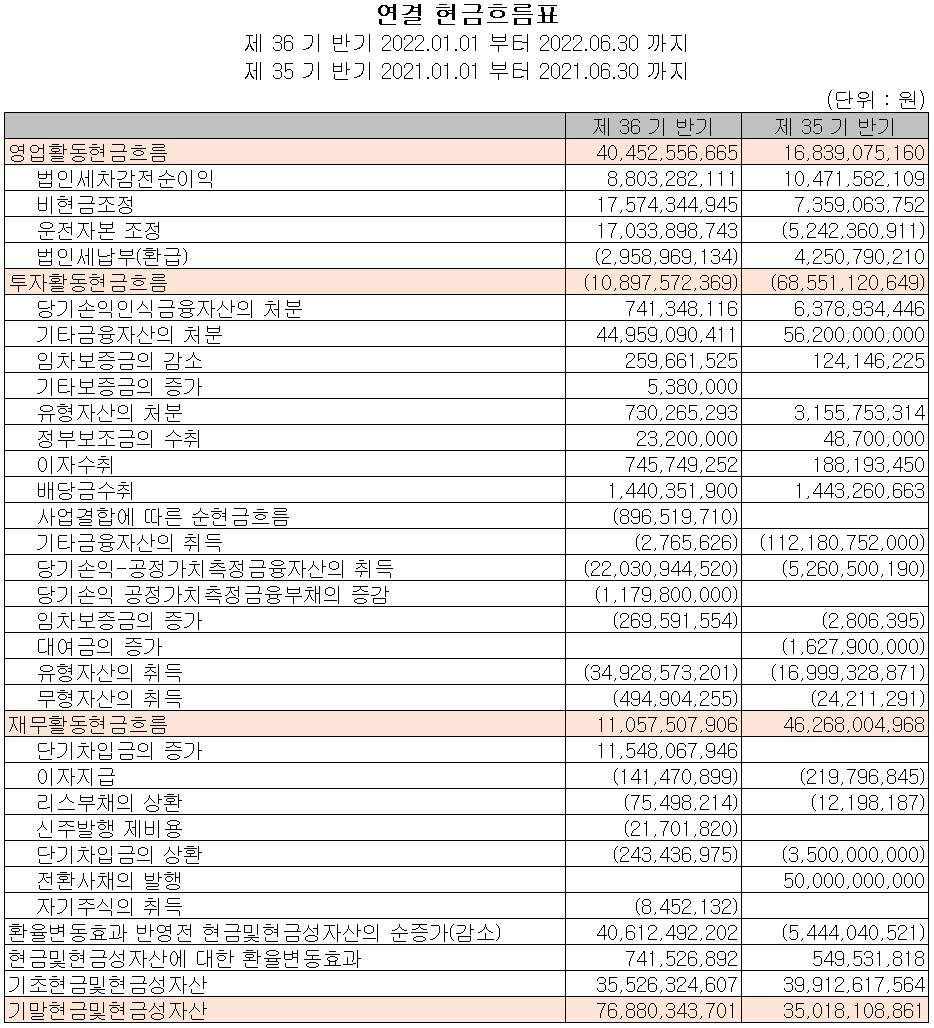 자화전자 - 현금흐름표