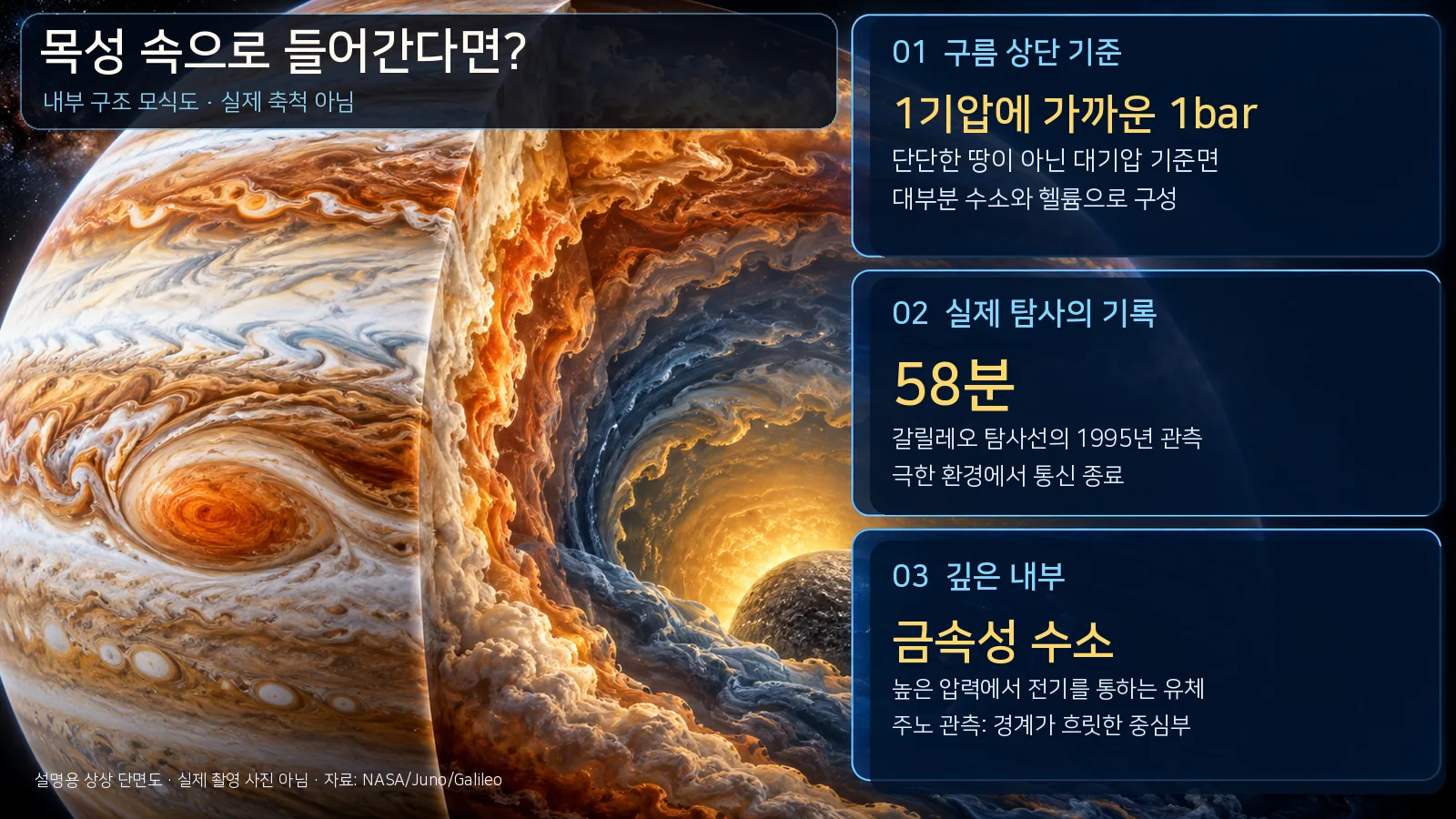 목성 내부의 가상 단면과 1bar 대기압 기준, 갈릴레오 탐사선의 58분 관측, 금속성 수소 및 흐릿한 중심부를 한국어로 설명하는 과학 인포그래픽
