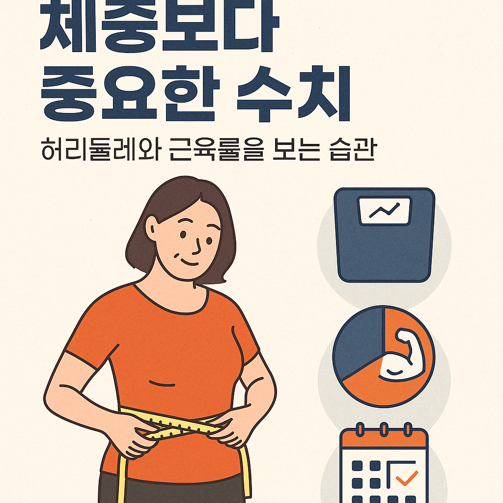 중년 남성과 여성이 허리둘레를 재고 체성분을 체크하는 장면 – 체중계, 줄자, 근육과 지방 아이콘이 포함된 인포그래픽 스타일 일러스트