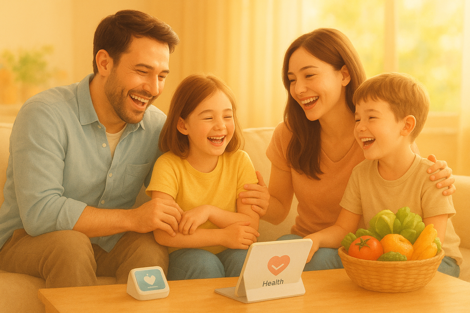 4명의 가족들이 거실에 모여서 웃고 있는 모습