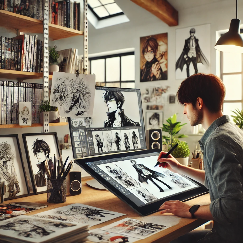 웹툰 작가
디지털 태블릿으로 웹툰을 그리는 작가의 모습,작업실에는 만화책과 스케치북이 정리되어 있으며,다양한 캐릭터 디자인이 보임.