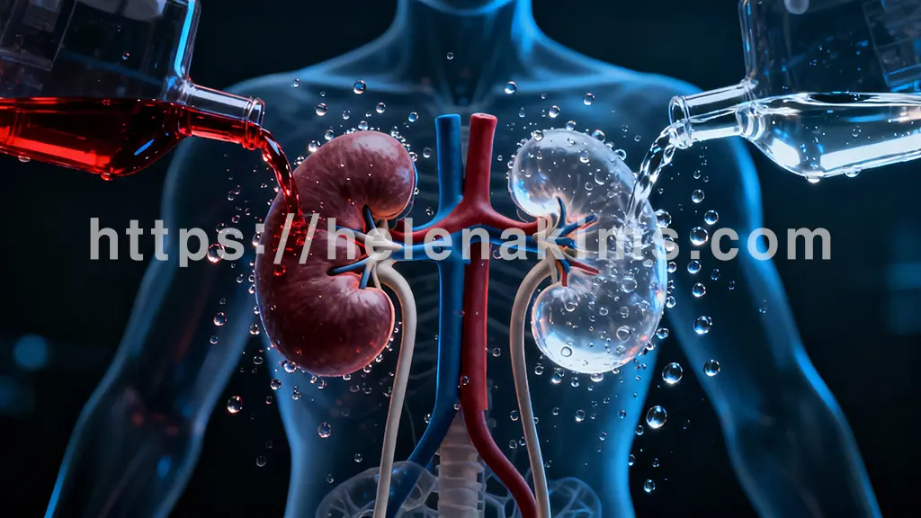 신장 모형 주변으로는 미세하게 빛나는 물방울 입자들이 필터링되고 정화되는 모습을 추상적으로 표현하고 있습니다. 한쪽에는 탁한 붉은 액체가 유입되고 다른 쪽에서는 맑고 투명한 액체가 배출되는 시각적 대비를 통해 신장의 해독 및 정화 기능을 강조한 이미지.
