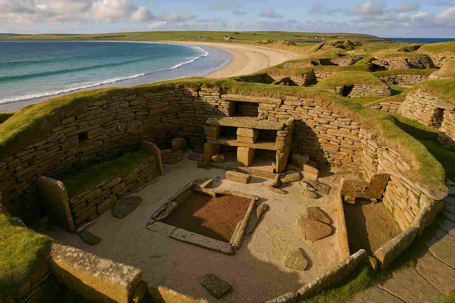 조 가구가 갖춰진 스카라 브레이의 주거 공간과 그 뒤로 펼쳐지는 일몰 해안 풍경