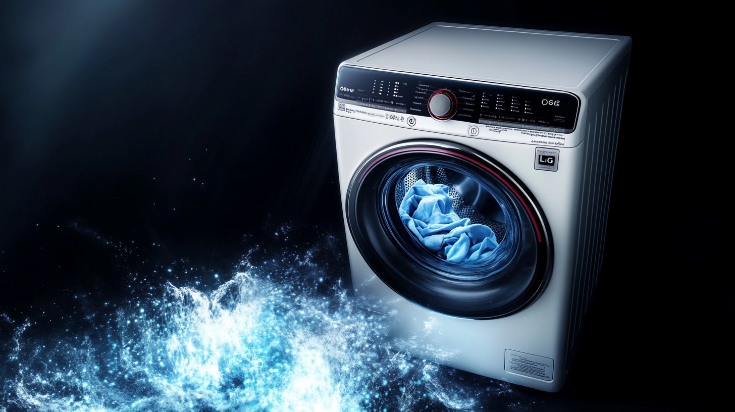 세탁물을 직접 인식하여 작동하는 최첨단 인공지능을 탑재한 LG 오브제 세탁기의 역동적이고 정밀한 작동 장면.