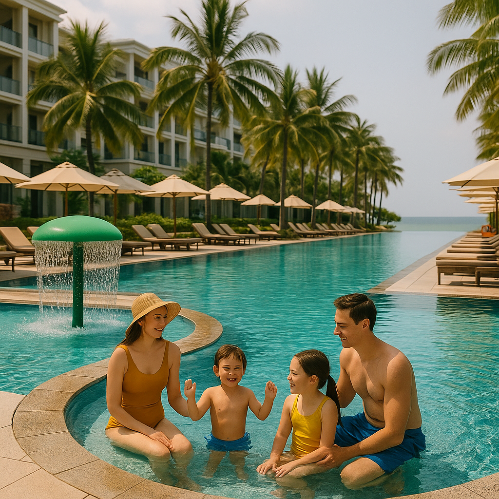 푸꾸옥 리조트 메인풀과 키즈풀에서 물놀이하는 가족, 야자수와 파라솔이 있는 수영장 전경