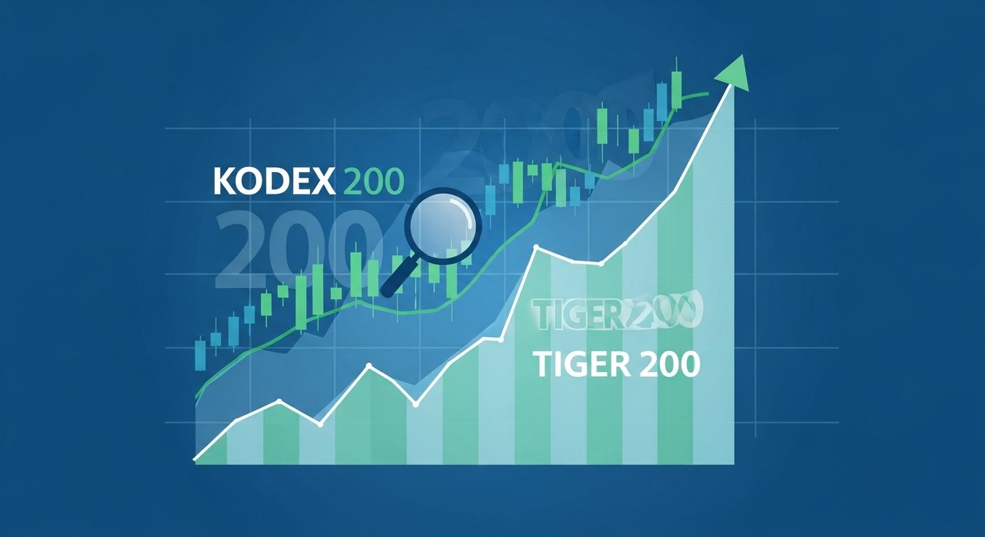 장기적으로 우상향하는 주식 시장 차트 위에 KODEX 200과 TIGER 200 로고가 추상적으로 표현되어 있습니다. 안정적인 시장 성장과 ETF의 연동을 시각적으로 보여줍니다.