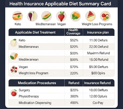 건강보험 적용 가능한 다이어트 치료 항목과 보험 환급 정보 요약 카드, 약물 시술 비교 표 포함