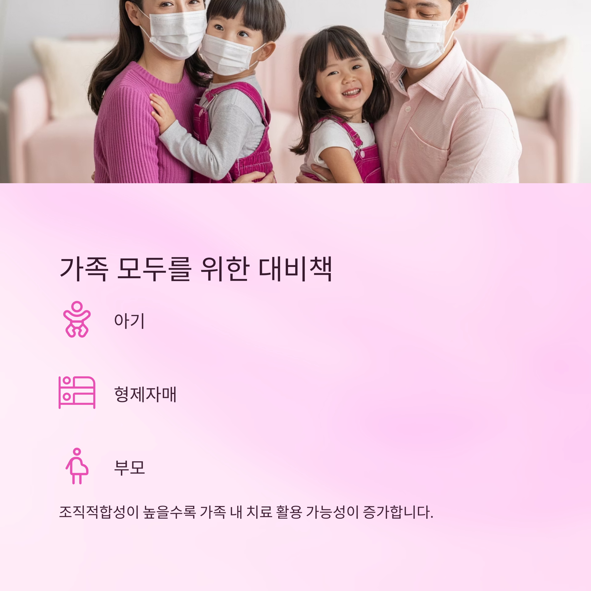 가족이 마스크를 쓴 채 함께 있는 사진과 함께 아기, 형제자매, 부모 모두를 위한 제대혈의 치료 가능성을 설명한 이미지