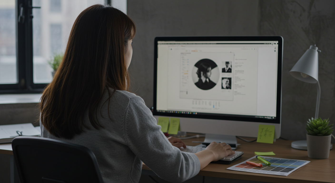 웹사이트를 디자인 하고 있는 한국 여성 디자이너의 뒷모습