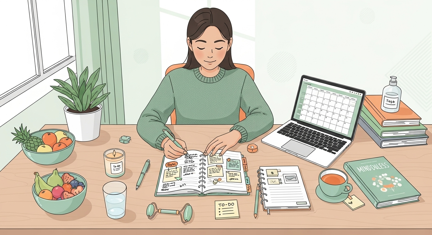 깔끔한 공간에서 다이어리와 노트북으로 하루를 계획하며, 건강한 식단과 자기 관리를 상징하는 요소들에 둘러싸인 MZ세대 청년의 모습