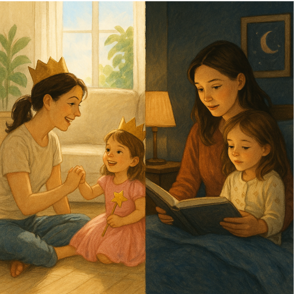 낮에 아이와 역할 놀이를 하는 엄마(왼쪽 그림)
밤에 아이에게 책을 읽어주는 엄마(오른쪽 그림)