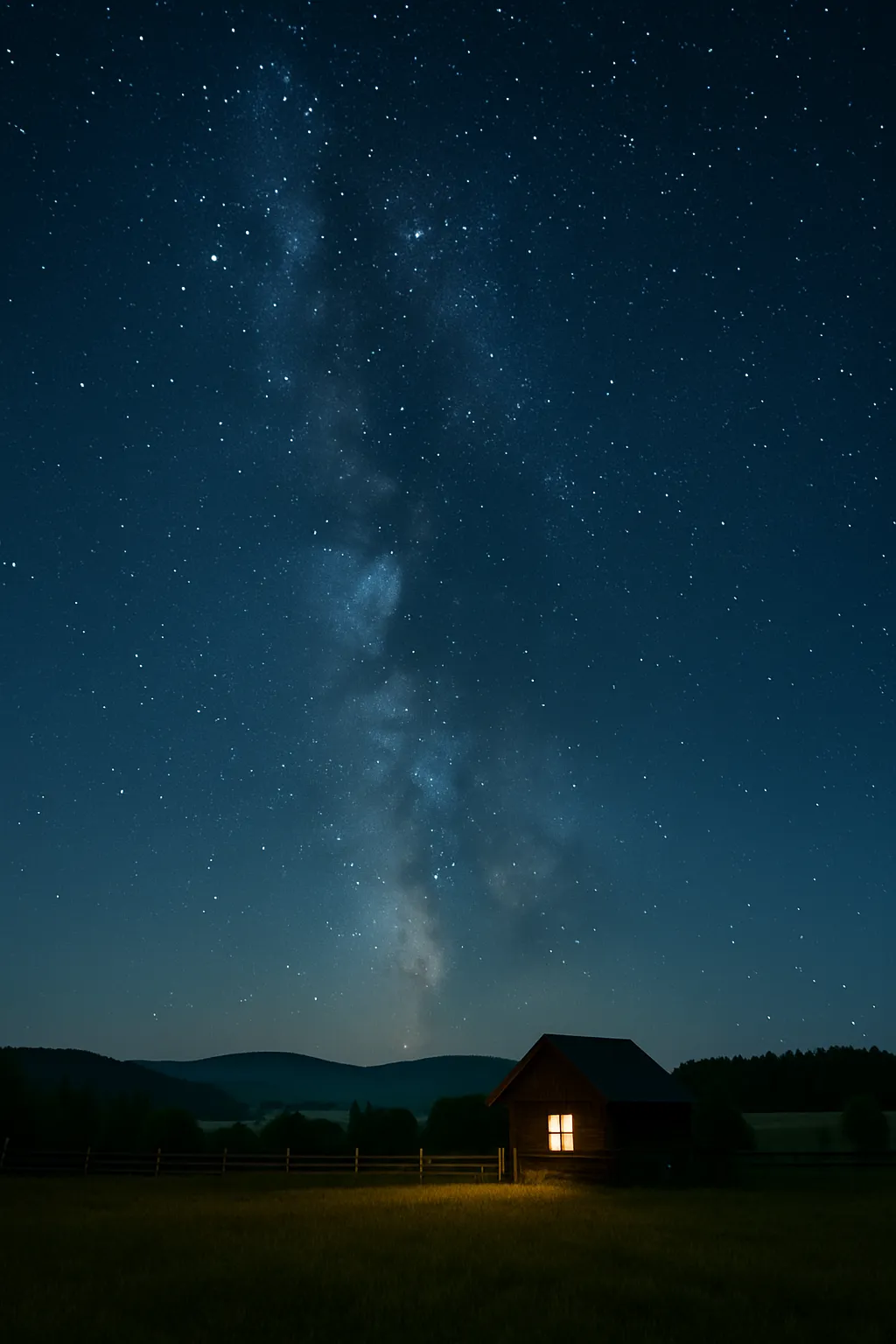 작은-오두막집의-불빛이-은은하게-새어나오는-시골-들판-위로-수천-개의-별이-가득한-밤하늘과-은하수가-선명하게-펼쳐진-장면으로,-도시-광공해가-없는-시골에서-별이-더-많이-보이는-과학적-이유를-상징적으로-표현한-이미지