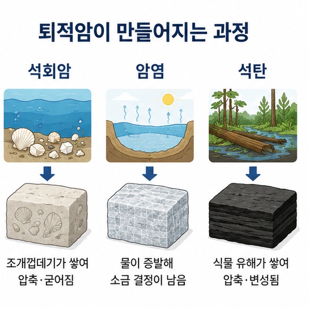 조개와 탄산칼슘으로 만들어지는 석회암, 물의 증발로 형성되는 암염, 식물 유기물이 쌓여 만들어지는 석탄의 형성 과정을 보여주는 이미지