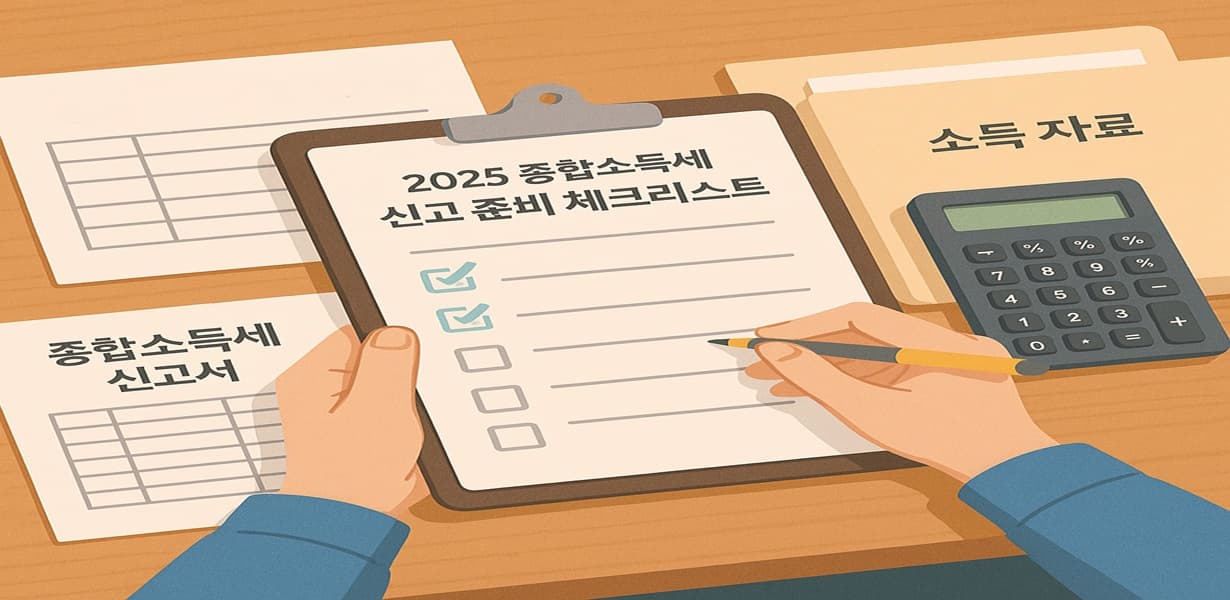 종합소득세 신고를 위해 책상 위에 서류와 계산기를 정리하고 체크리스트를 작성하는 사람의 모습