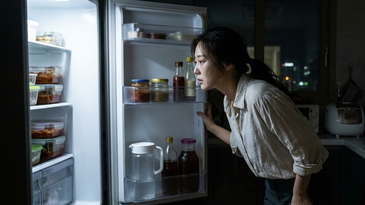 늦은 밤 어두운 주방에서 냉장고 문을 열어 보는 여성