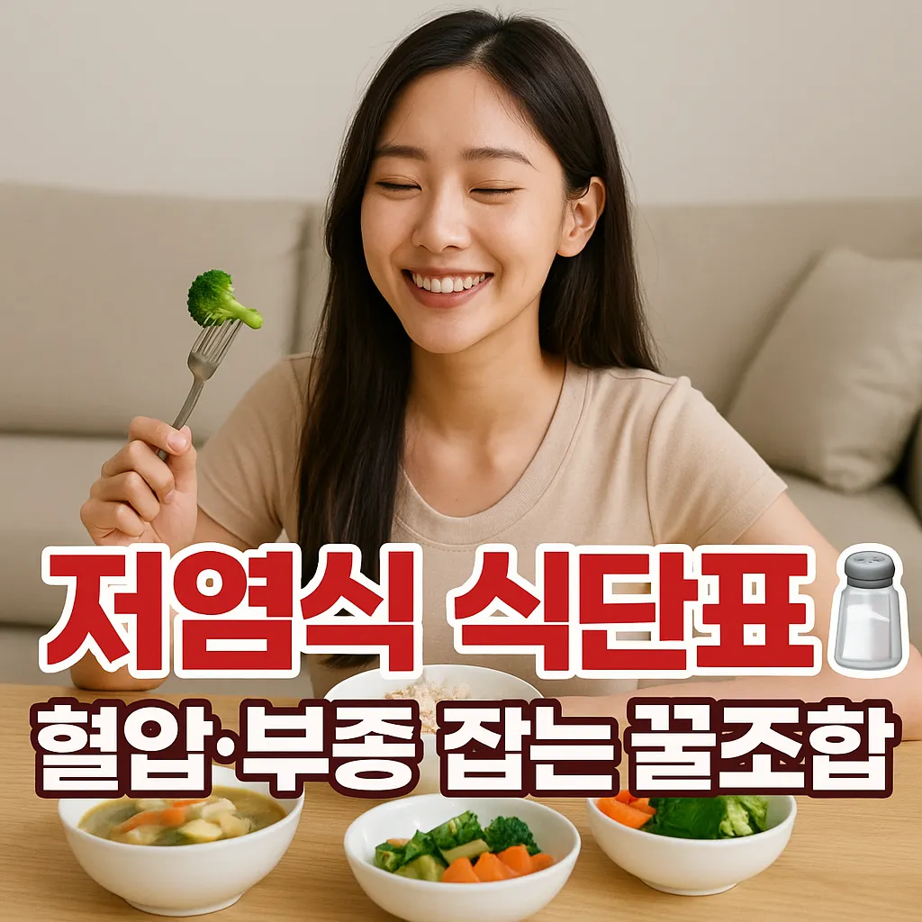 저염식 식단, 혈압 관리 식단 밝은 실내 식탁에서 저염식을 즐기며 브로콜리를 포크에 들고 미소 짓는 20대 한국