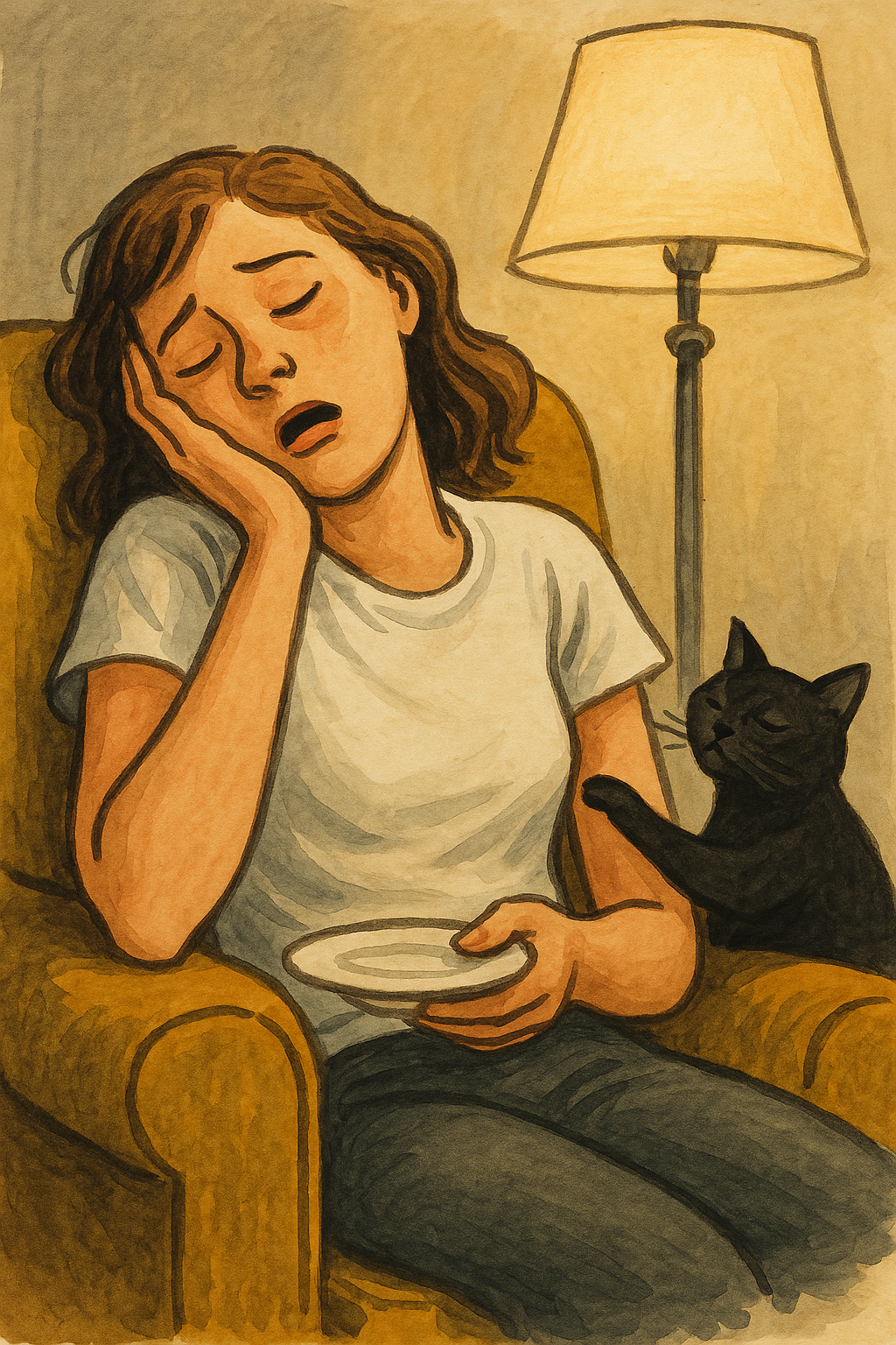 식곤증으로 졸고 있는 여성. 깨우는 고양이.