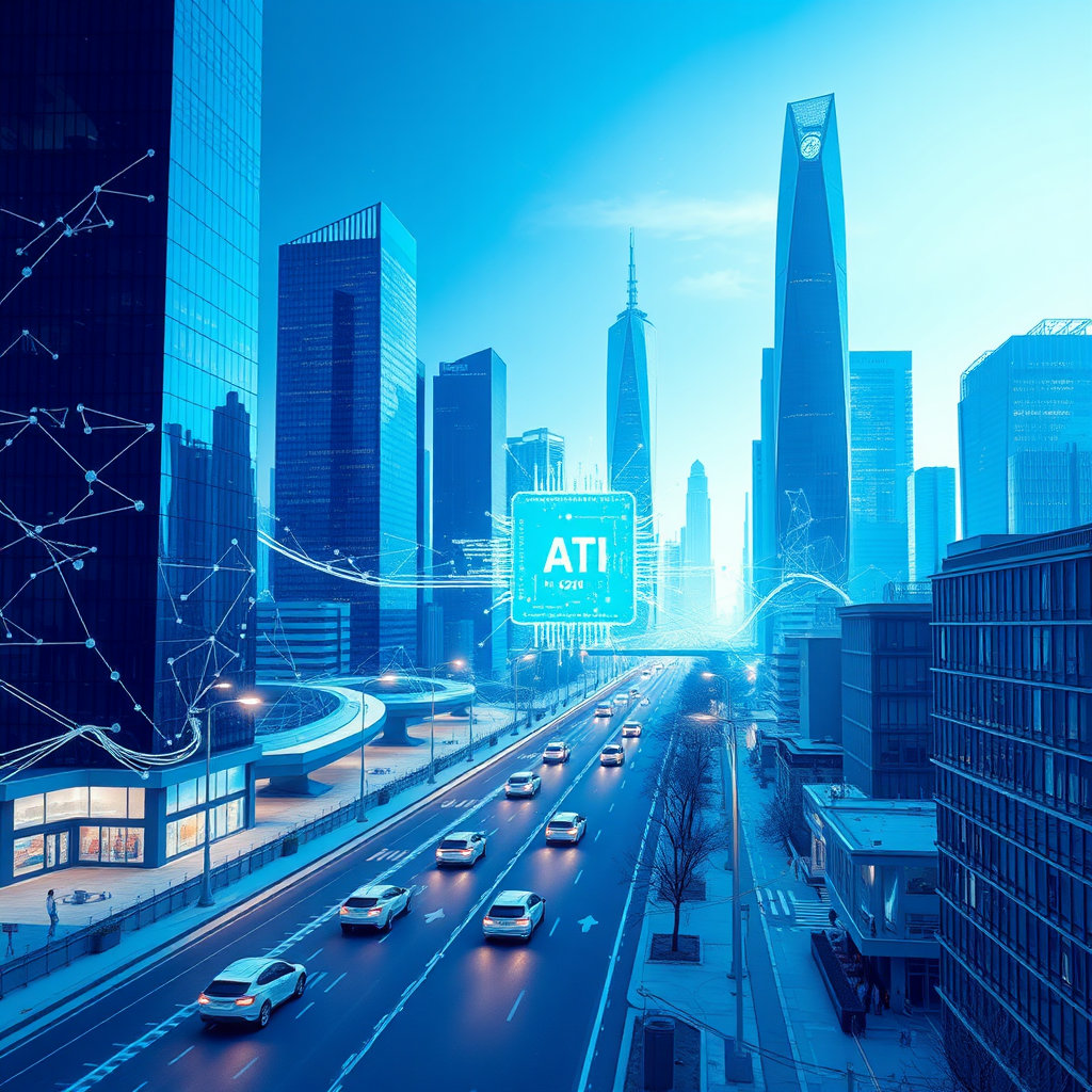 미래 도시의 스카이라인 위로 복잡한 데이터 선들이 얽히고설켜 있으며, 이 모든 네트워크의 중심에 AI 반도체 칩이 위치해 빛을 발하는 모습입니다. 자율주행차, 스마트 가로등, 지능형 빌딩 등 스마트 시티의 다양한 요소들이 반도체에서 뿜어져 나오는 에너지로 연결되는 모습을 표현합니다. 미래지향적이고 깔끔한 느낌의 푸른색 톤으로 시각화