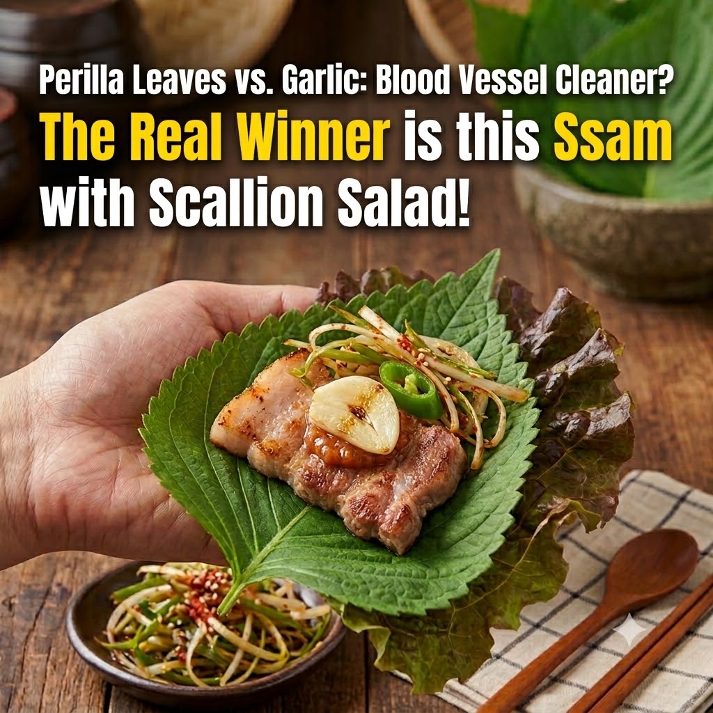 Grilled pork belly, green onion salad, garlic, and hot pepper wrapped in a perilla leaf. In the background, a bowl of green onion salad and text reading 'Perilla Leaf vs. Garlic: Blood Vessel Cleaners? The Real Winner is This Wrap with Green Onion Salad!' Alt text for visually impaired readers describing the wrap containing pork belly, green onion salad, garlic, and hot pepper on a perilla leaf.