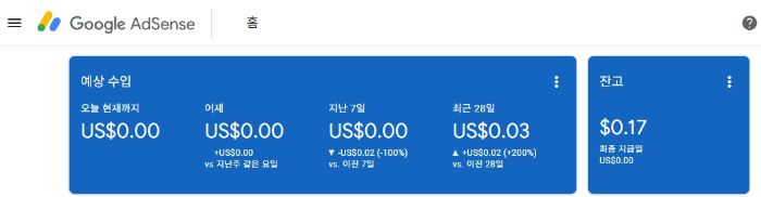 애드센스 수익 점검, 운영 11개월 누적 수익 0.17달러 화면