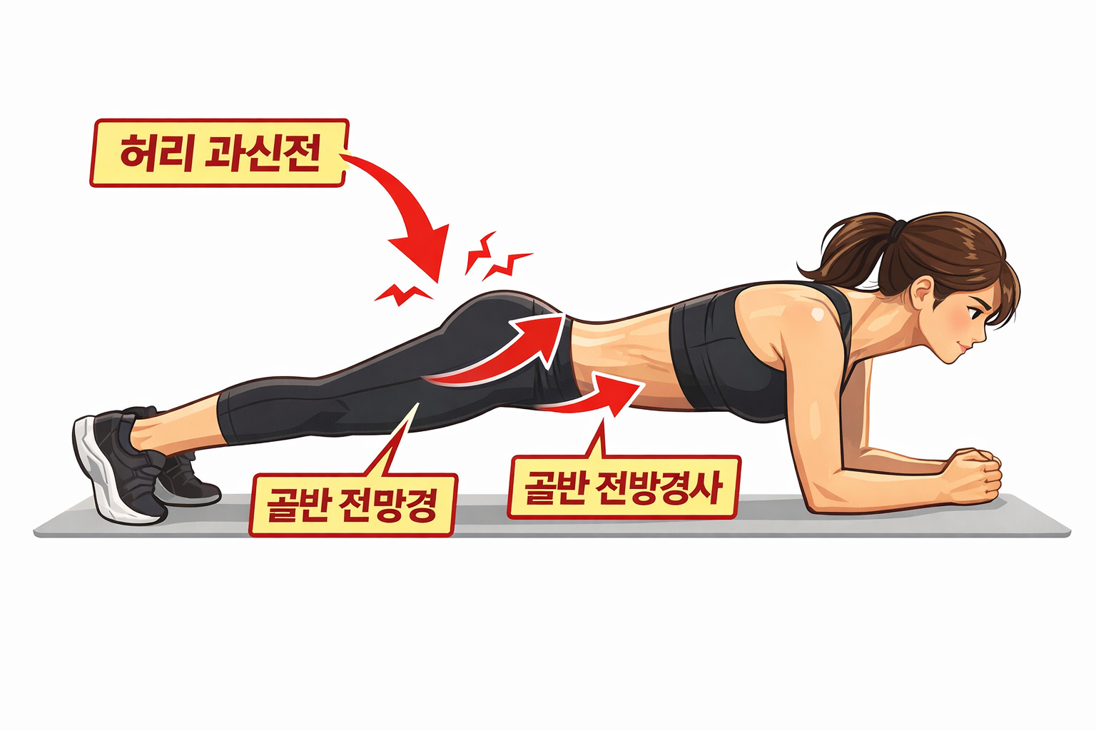 코어 운동 잘못된 자세 플랭크 허리 과신전