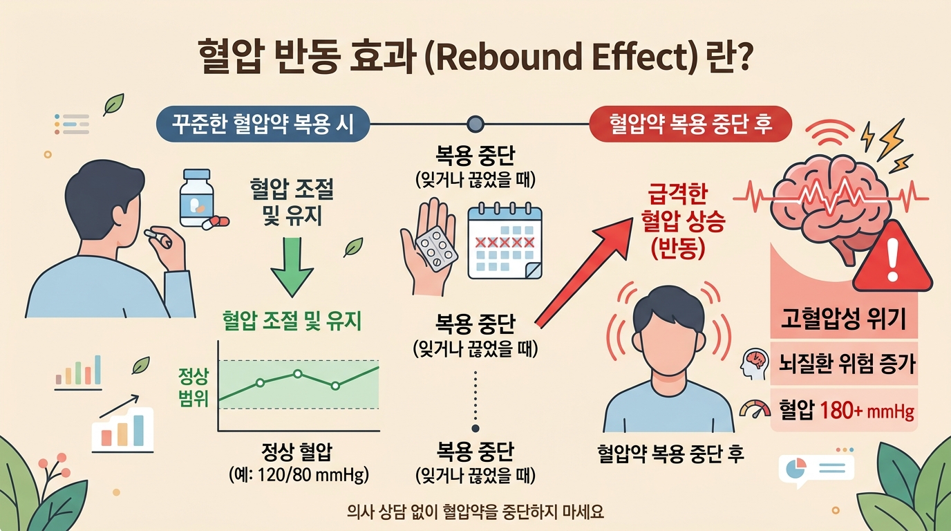 혈압약 리바운드 현상으로 혈압이 급격히 상승하는 과정을 보여주는 인포그래픽