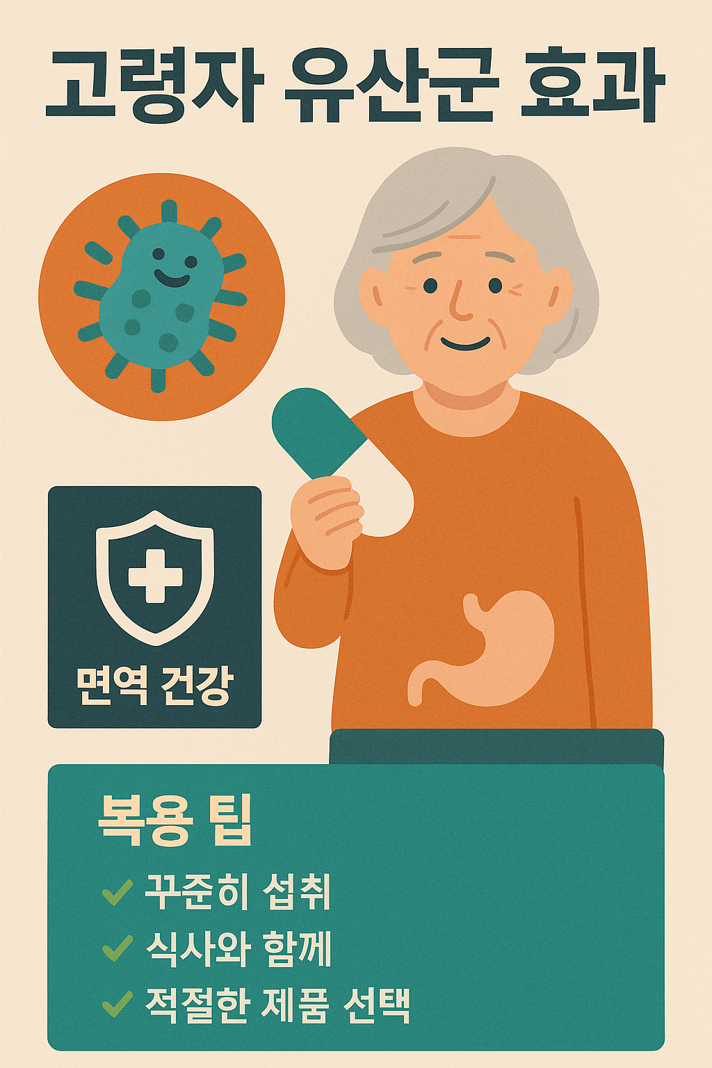 고령자의 장 건강을 위한 프로바이오틱스의 중요성을 시각적으로 설명한 이미지.