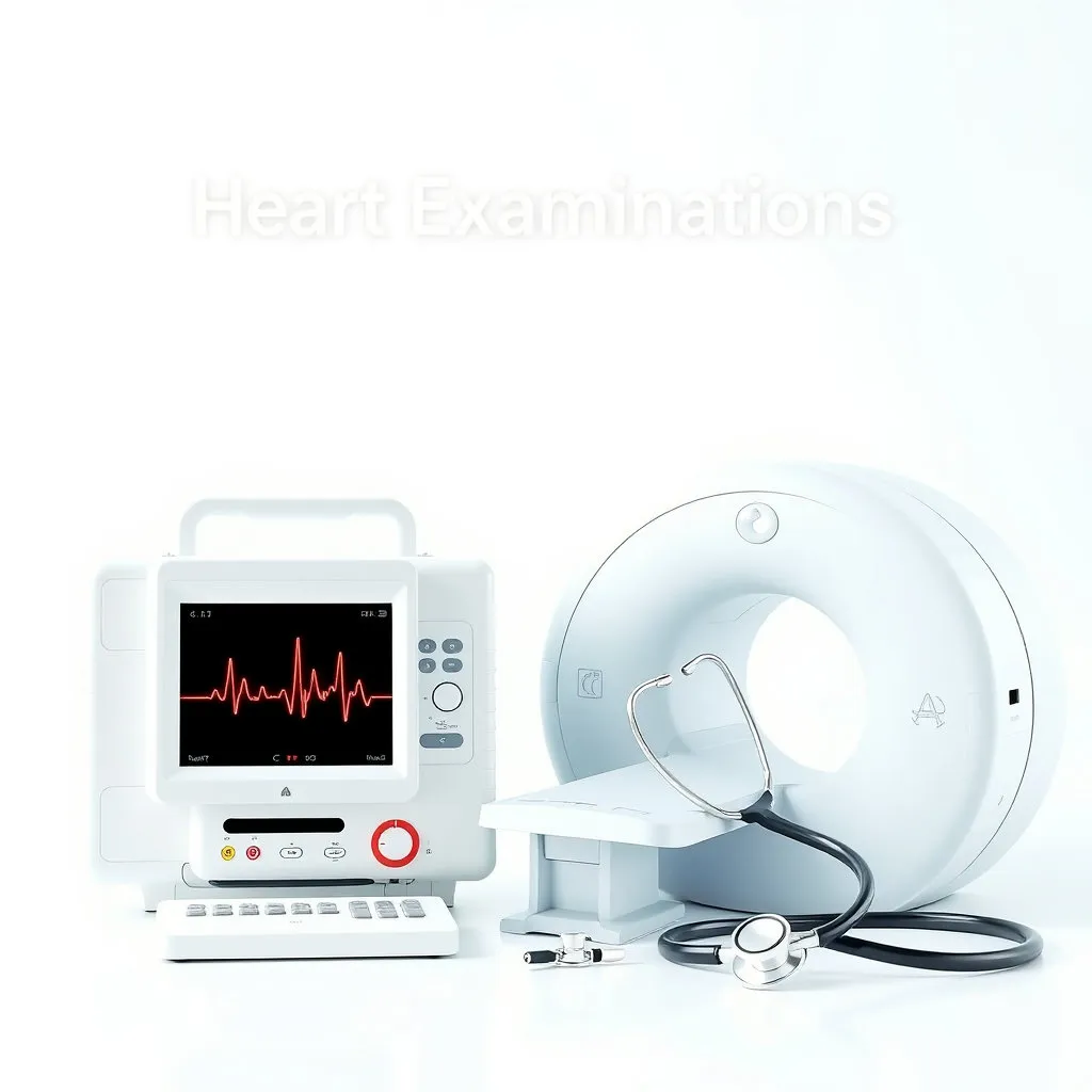 심전도 기계, CT 스캔 장비 또는 청진기 등 심장 검사를 상징하는 의료기기들의 정적인 이미지. 정확성과 전문성을 나타내는 깨끗하고 밝은 톤으로 표현해 주세요.