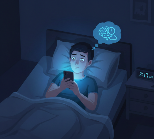 침대에 누워 스마트폰을 보는 사람의 모습