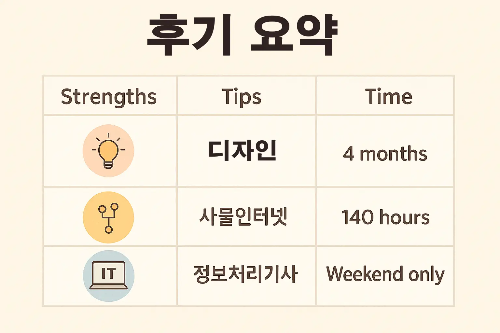 디자인, 사물인터넷, 정보처리기사 등 국민내일배움카드 수강생 후기에서 강조된 강점과 수강 시간, 기간을 정리한 표 형식 인포그래픽