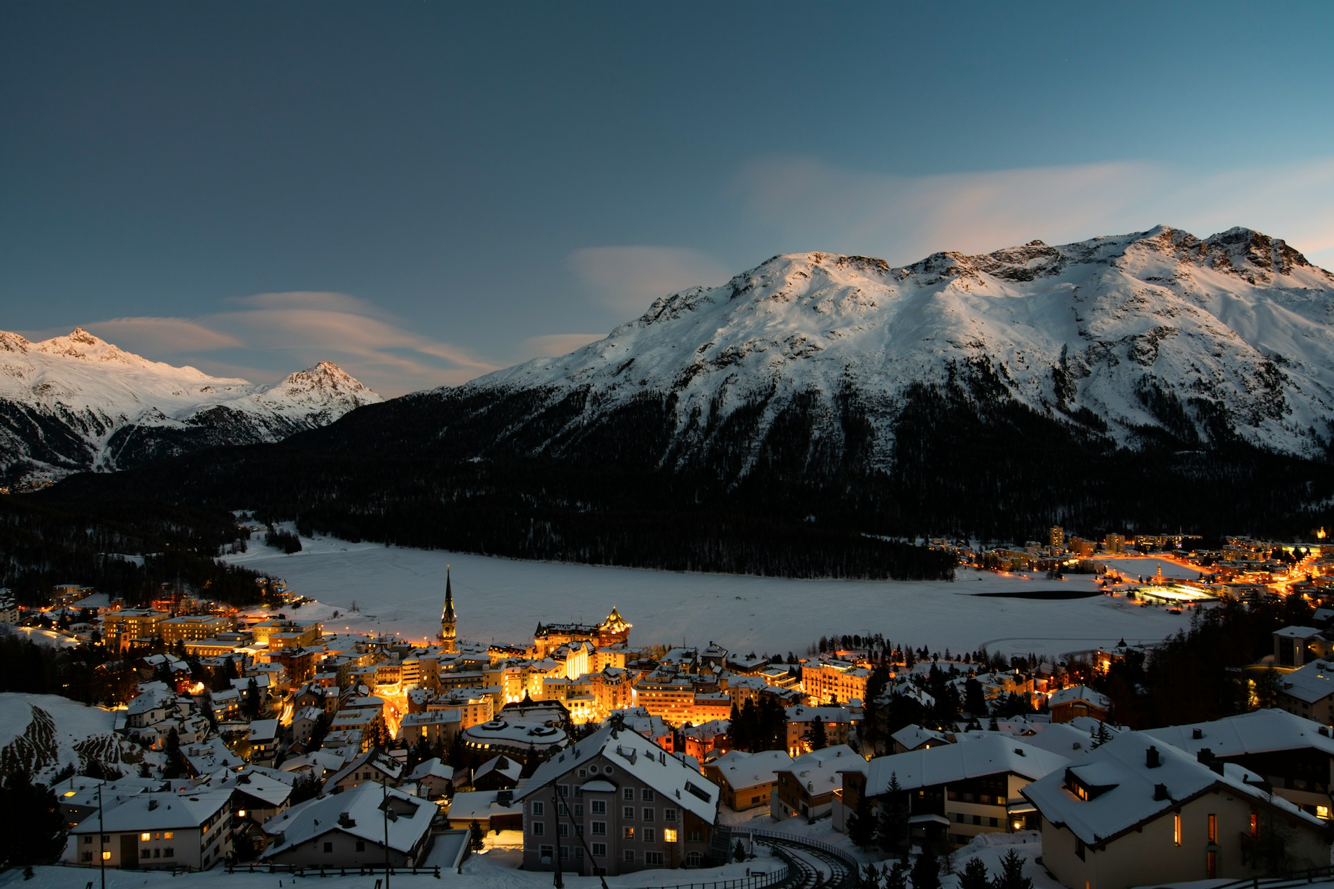 St. Moritz Lake during winter at dusk