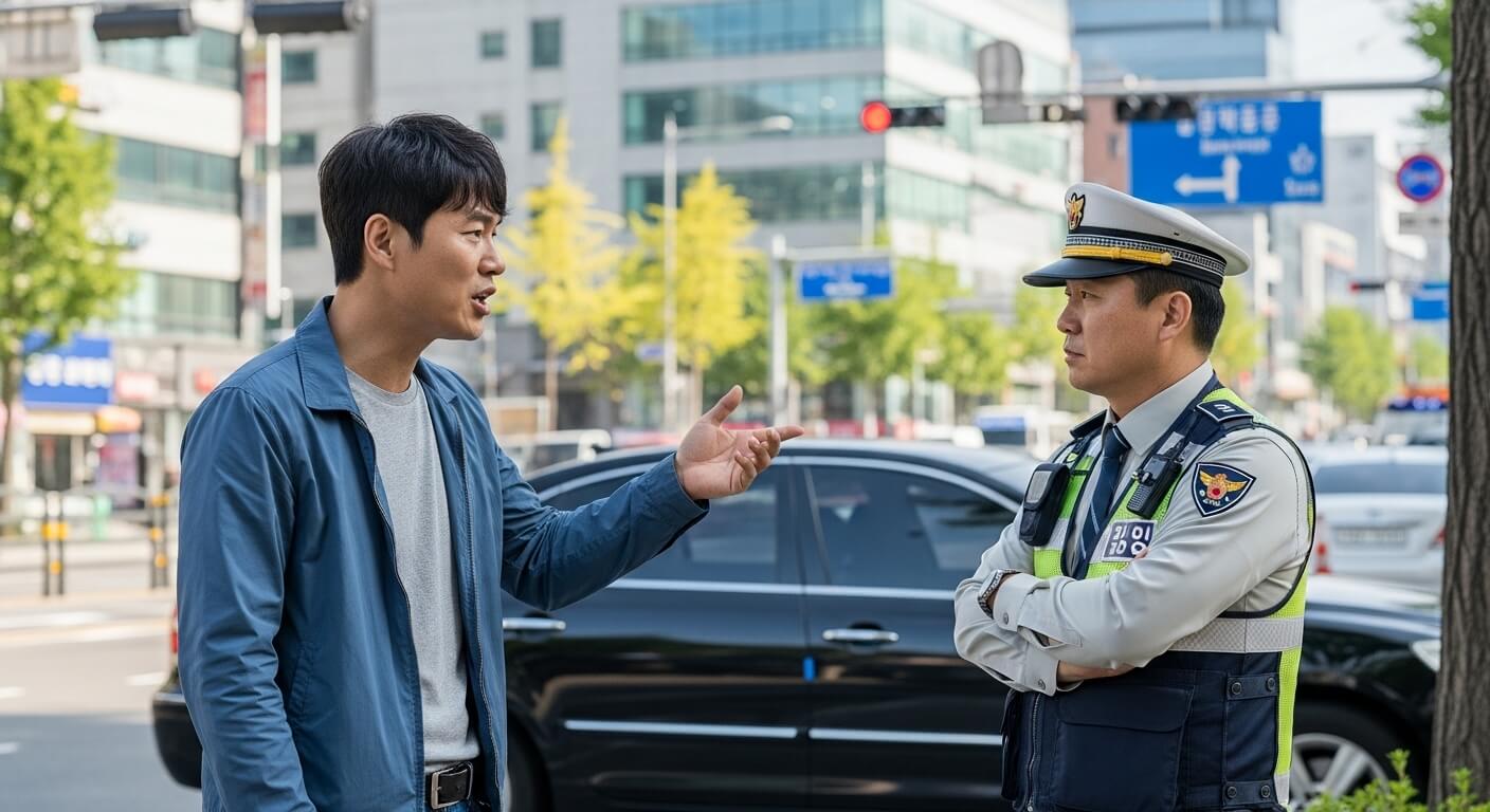 교차로 인근에서 운전자가 경찰관에게 위반 내용에 대해 설명을 요구하는 장면