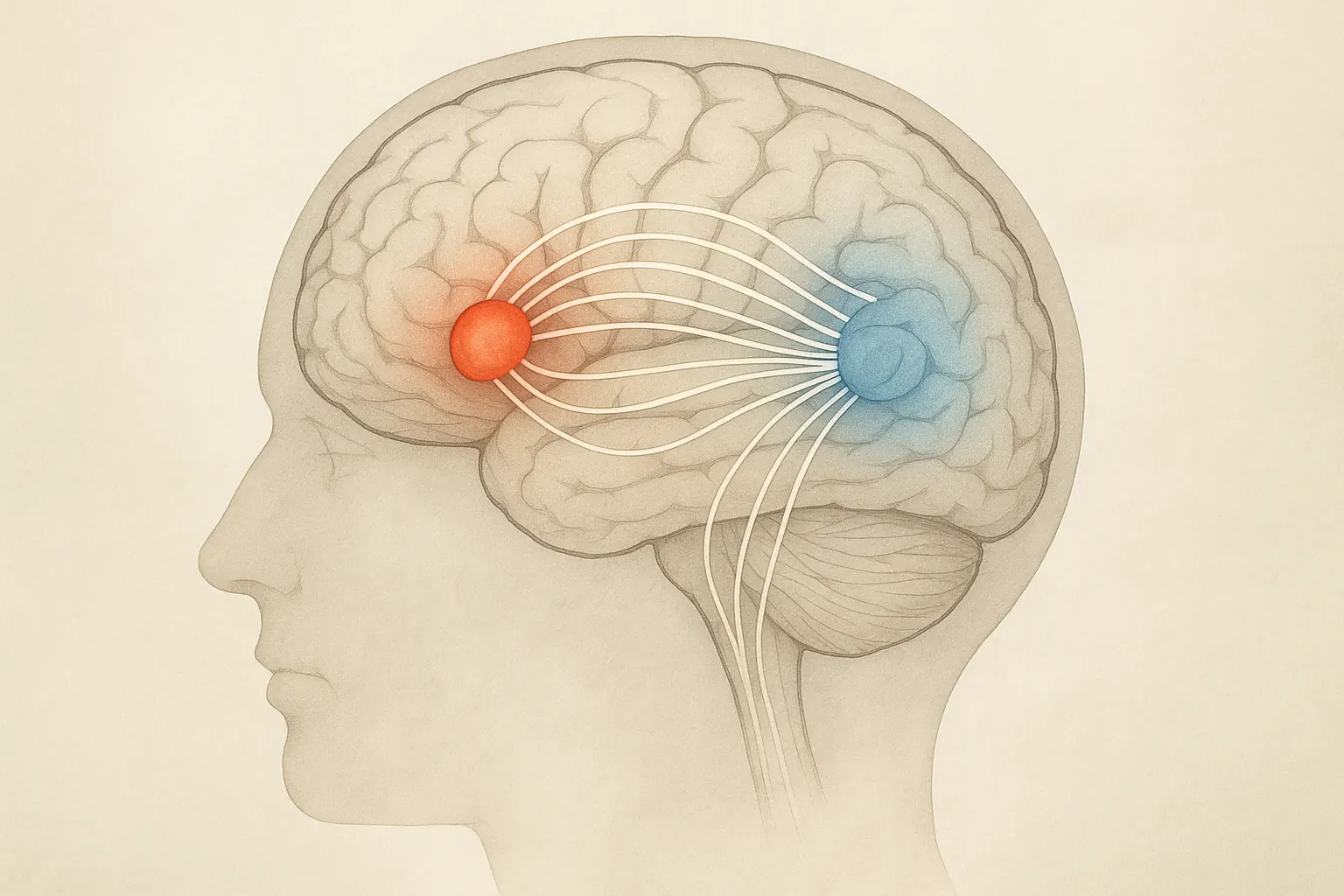 뇌 속 편도체와 전전두피질이 각각 붉은색·푸른색으로 강조된 신경 회로