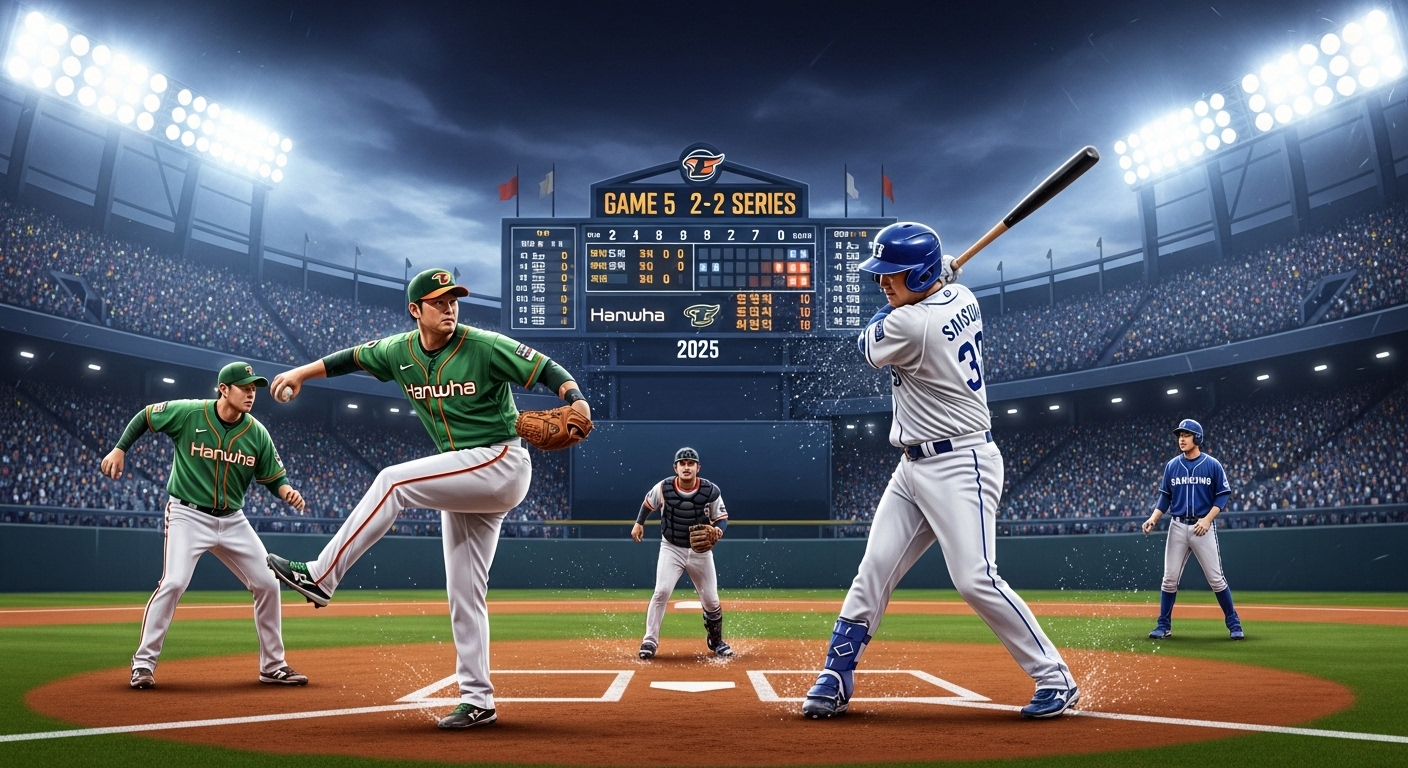 2025 KBO 플레이오프 5차전, 한화와 삼성 선수들이 밤 경기에서 치열하게 대결하는 극적인 야구 장면. 양 팀의 상징색이 돋보이며, 관중석은 열기로 가득 차 있다.