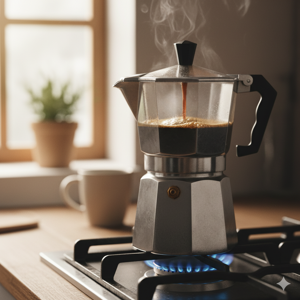 모카포트를 이용해 에스프레소를 추출하는 과정, 금속 포트 위로 커피가 올라오는 모습(이미지 생성:google)