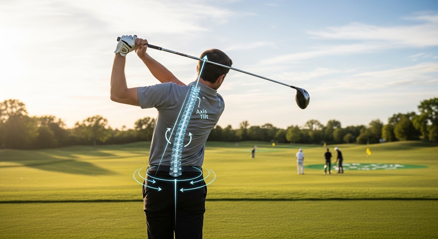 골프 스윙 시 허리 부상을 예방하기 위한 올바른 척추 각도와 고관절 회전을 보여주는 골퍼의 뒷모습.