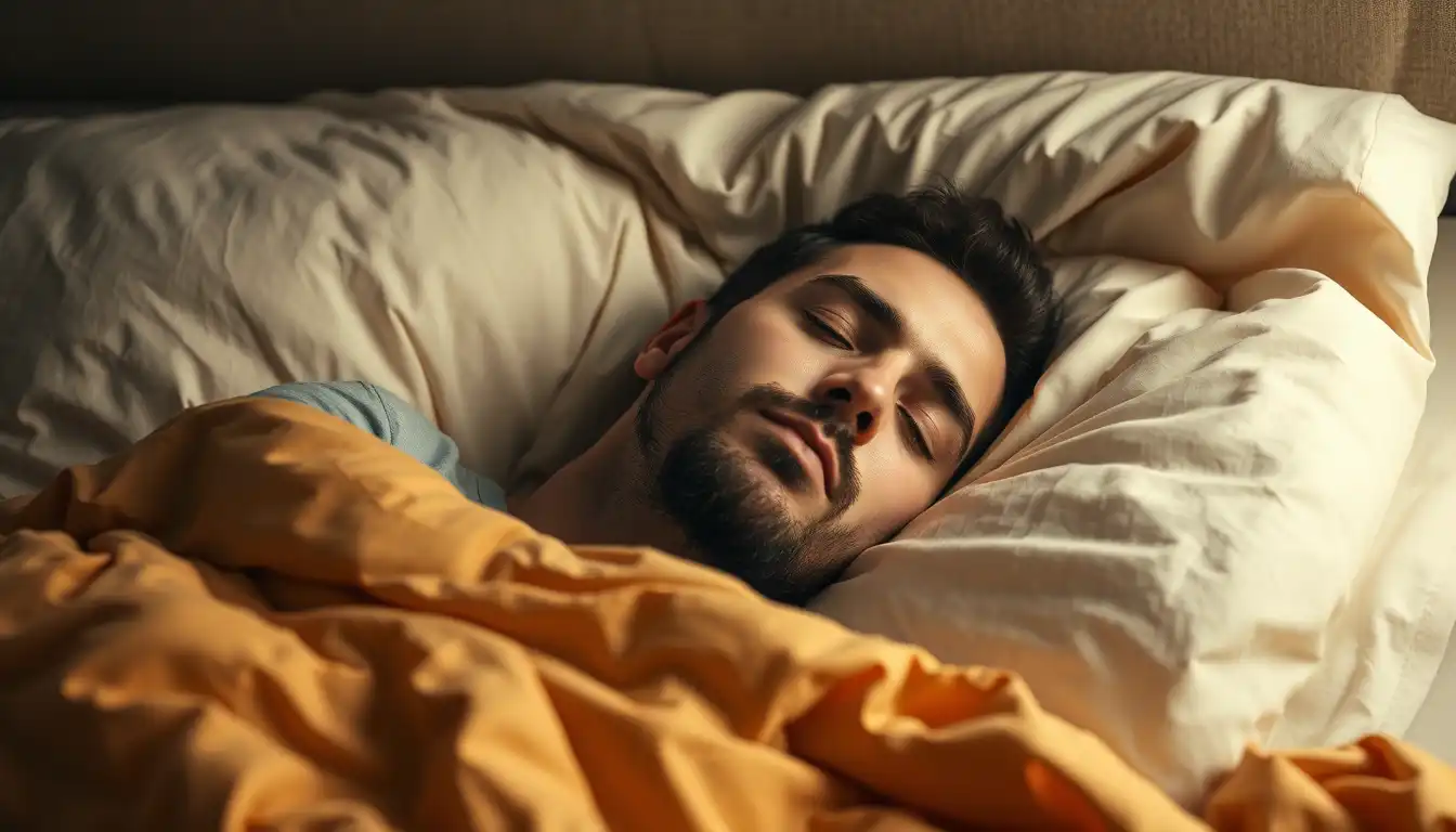 따뜻하고 부드러운 침구가 깔린 아늑한 침대에서 평화롭게 잠을 자고 있는 남자.