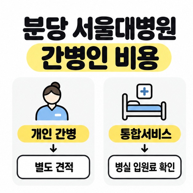 분당 서울대병원 간병인 비용 제목 아래 개인 간병은 별도 견적, 통합서비스는 병실 입원료 확인으로 나눈 비교 그림.