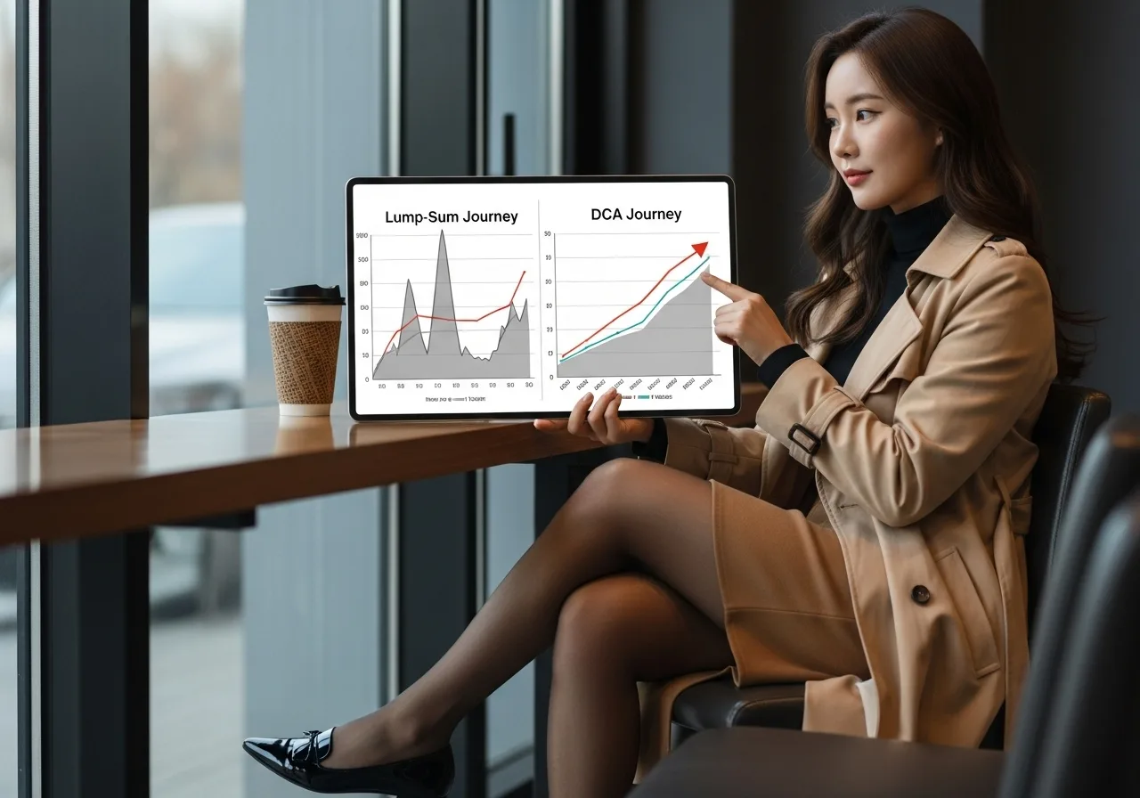 젊은 한국인 여성이 태블릿으로 두 개의 다른 투자 수익률 그래프를 비교하며, 하나는 변동성이 크고 다른 하나는 완만하다