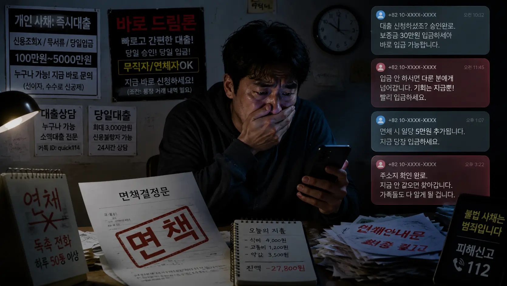 개인 사채 대출 및 바로 드림론 사기 위험성에 노출된 면책자의 절박한 상황 묘사