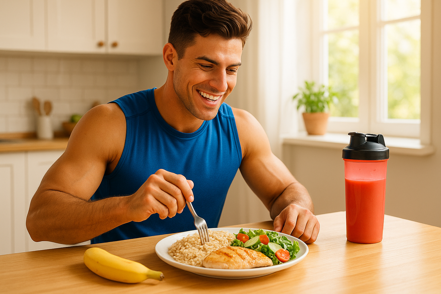 운동 전 식사를 준비하는 젊은 운동선수