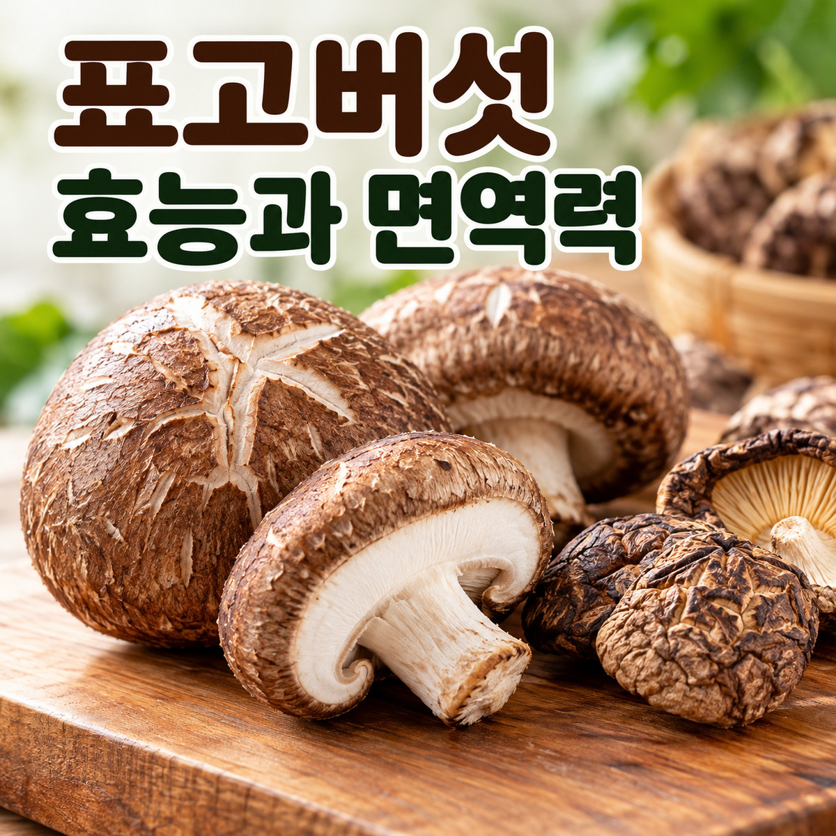나무 도마 위의 신선한 표고버섯과 말린 표고버섯 위에 표고버섯 효능과 면역력이라는 문구가 있는 대표 사진