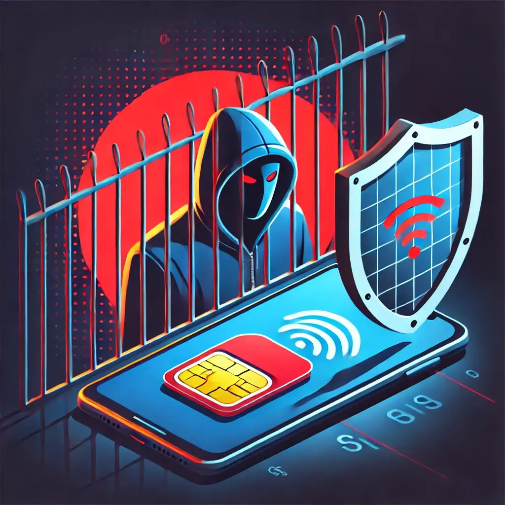 보안 벽 뒤에 갇힌 해커와 보호된 스마트폰이 있는 유심 해킹 차단 컨셉 일러스트