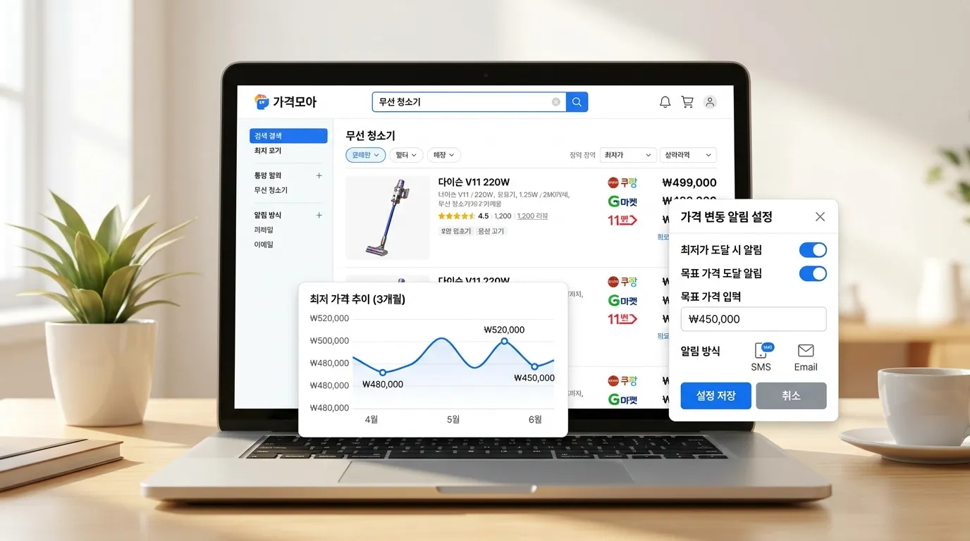 가격비교 사이트에서 무선 청소기 가격 알림을 설정하는 화면 캡처