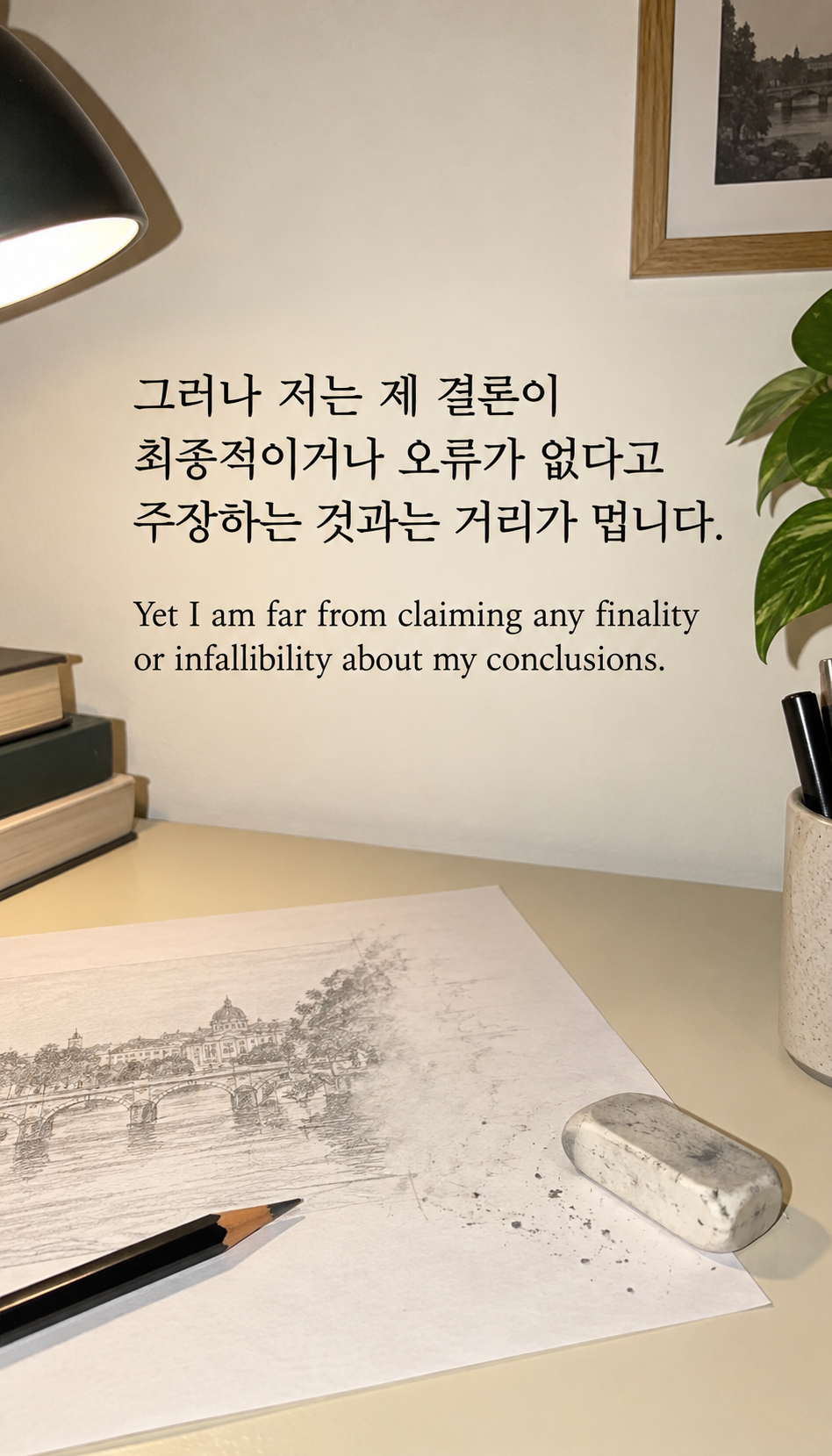 그러나 저는 제 결론이 최종적이거나 오류가 없다고 주장하는 것과는 거리가 멉니다. &mdash; 지우개와 일부 지운 연필 스케치, 온카메라 플래시 스냅샷
